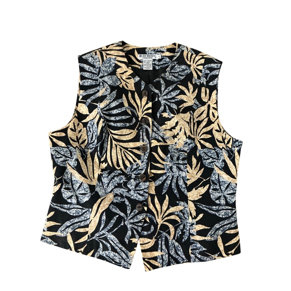 Ruff Hewn Tropical Linen Blend Women Vest Blue Tan‎ Leaf Print L Vacation Travel